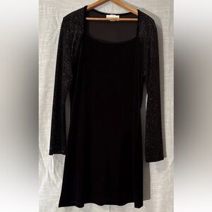 Younique Vintage Dress Long Sleeve Black Velour Shimmery Accents Women’s Sz “L”